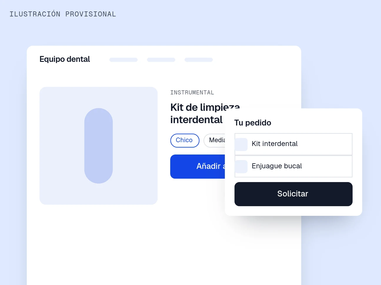Ilustración provisional de la ficha de producto de una tienda B2B de equipo dental con el pedido abierto